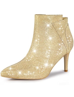 Women's Glitter Pointed Toe Zipper Stiletto Heel Ankle Boots