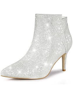 Women's Glitter Pointed Toe Zipper Stiletto Heel Ankle Boots