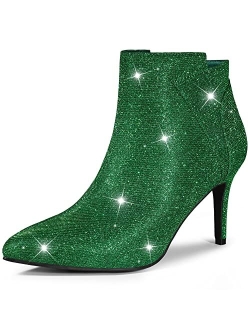 Women's Glitter Pointed Toe Zipper Stiletto Heel Ankle Boots