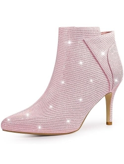 Women's Glitter Pointed Toe Zipper Stiletto Heel Ankle Boots