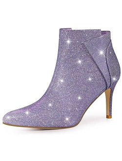 Women's Glitter Pointed Toe Zipper Stiletto Heel Ankle Boots