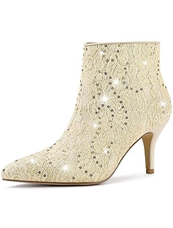 Women's Glitter Sparkle Lace Stiletto Heels Party Sequin Ankle Boots