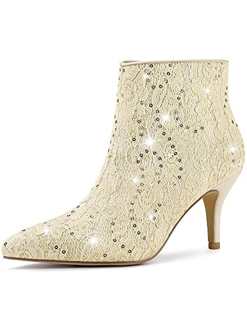 Allegra K Women's Glitter Sparkle Lace Stiletto Heels Party Sequin Ankle Boots