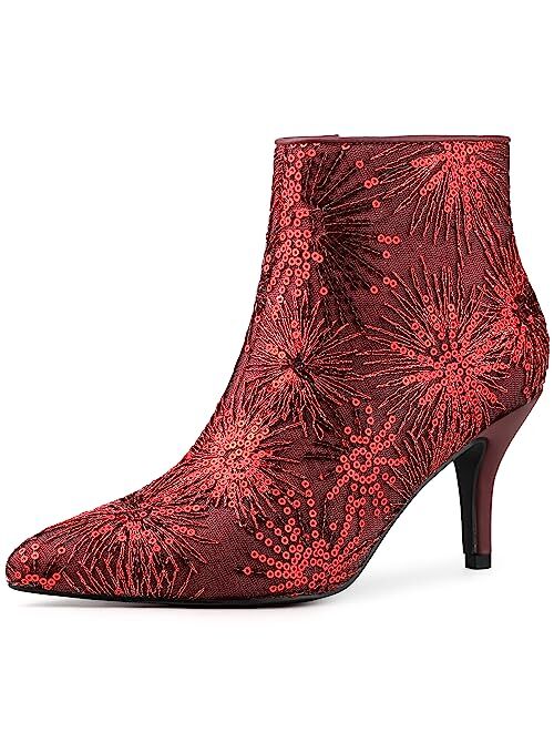 Allegra K Women's Glitter Sparkle Lace Stiletto Heels Party Sequin Ankle Boots