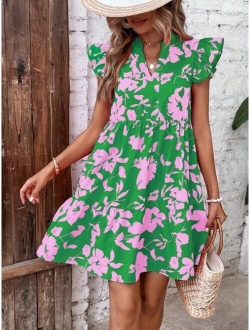 SHEIN VCAY Floral Print Butterfly Sleeve Ruffle Hem Smock Dress