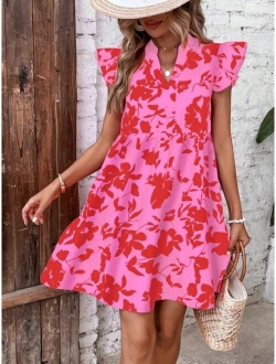 SHEIN VCAY Floral Print Butterfly Sleeve Ruffle Hem Smock Dress