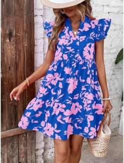 SHEIN VCAY Floral Print Butterfly Sleeve Ruffle Hem Smock Dress