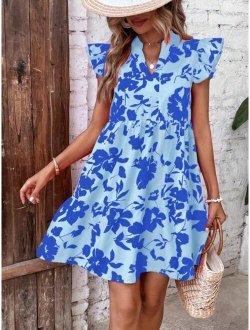 SHEIN VCAY Floral Print Butterfly Sleeve Ruffle Hem Smock Dress