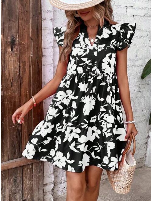 SHEIN VCAY Floral Print Butterfly Sleeve Ruffle Hem Smock Dress