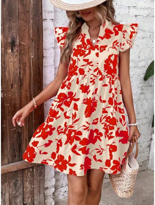 SHEIN VCAY Floral Print Butterfly Sleeve Ruffle Hem Smock Dress