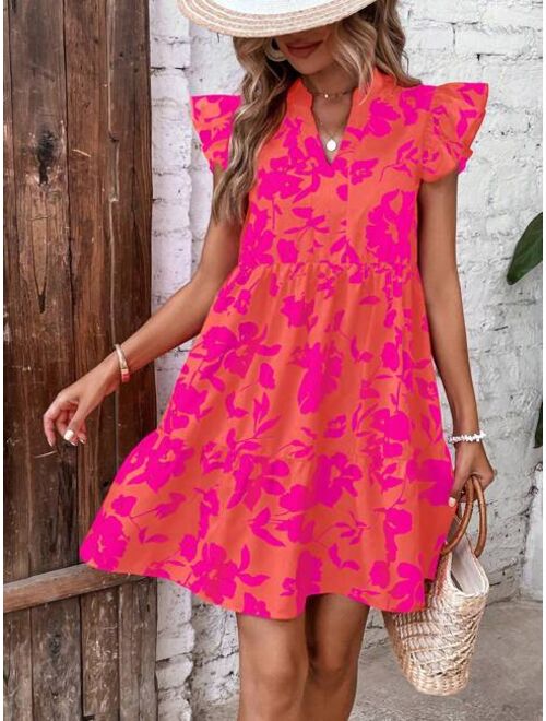 SHEIN VCAY Floral Print Butterfly Sleeve Ruffle Hem Smock Dress