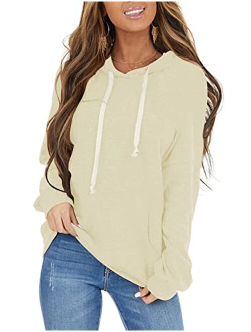 PRETTODAY Women's Casual Lightweight Hoodies Long Sleeve White Drawstring Sweatshirts Loose Pullovers with Pocket