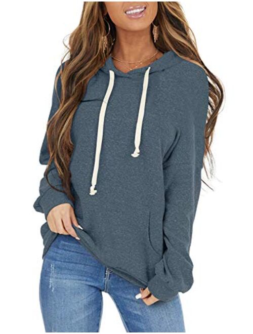 PRETTODAY Women's Casual Lightweight Hoodies Long Sleeve White Drawstring Sweatshirts Loose Pullovers with Pocket