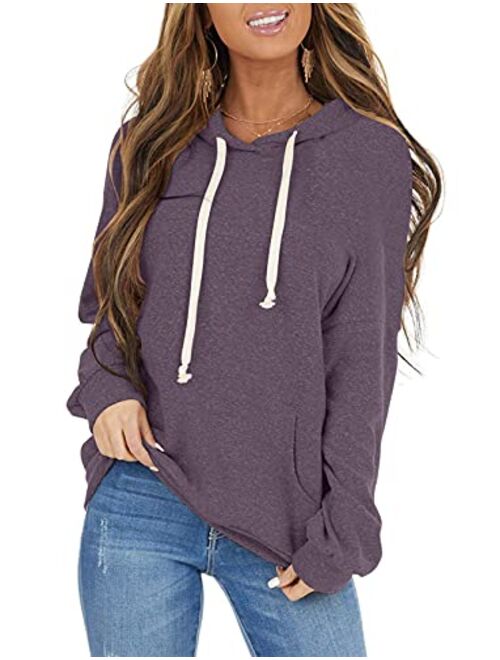 PRETTODAY Women's Casual Lightweight Hoodies Long Sleeve White Drawstring Sweatshirts Loose Pullovers with Pocket