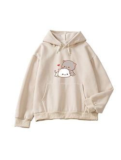 Keevici Women Kawaii Cartoon Cute Cat Graphic Casual Cotton Pullover Hoodies Sweatshirt