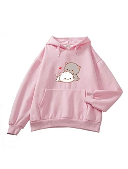 Keevici Women Kawaii Cartoon Cute Cat Graphic Casual Cotton Pullover Hoodies Sweatshirt