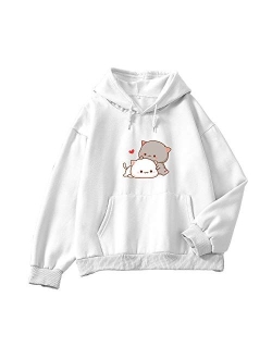 Keevici Women Kawaii Cartoon Cute Cat Graphic Casual Cotton Pullover Hoodies Sweatshirt