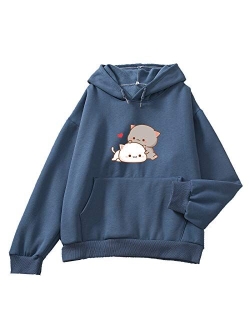 Keevici Women Kawaii Cartoon Cute Cat Graphic Casual Cotton Pullover Hoodies Sweatshirt