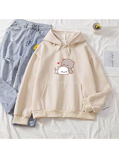 Keevici Women Kawaii Cartoon Cute Cat Graphic Casual Cotton Pullover Hoodies Sweatshirt