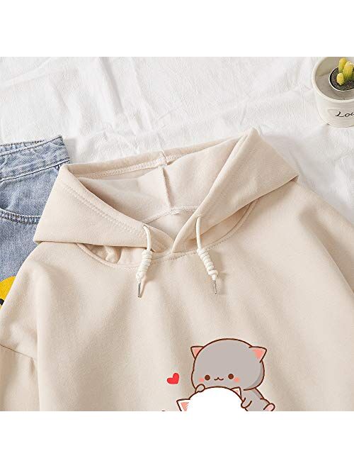 Keevici Women Kawaii Cartoon Cute Cat Graphic Casual Cotton Pullover Hoodies Sweatshirt