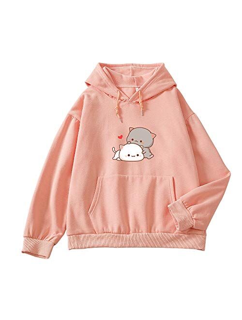 Keevici Women Kawaii Cartoon Cute Cat Graphic Casual Cotton Pullover Hoodies Sweatshirt