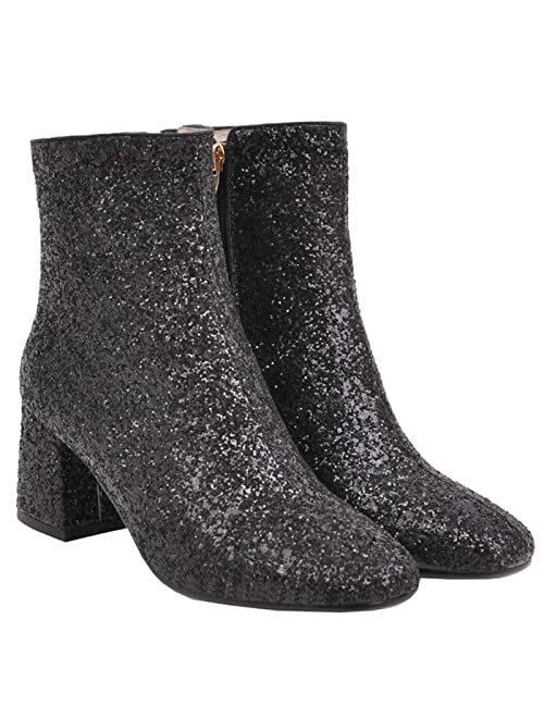 LUXMAX Women Glitter Ankle Boots Chunky Heel Square Closed Toe Sparkly Booties Block Heel Side Zip Winter Party Shoes