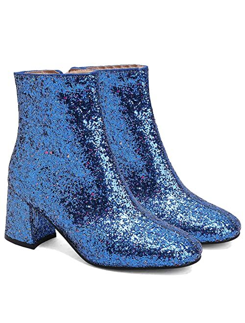 LUXMAX Women Glitter Ankle Boots Chunky Heel Square Closed Toe Sparkly Booties Block Heel Side Zip Winter Party Shoes