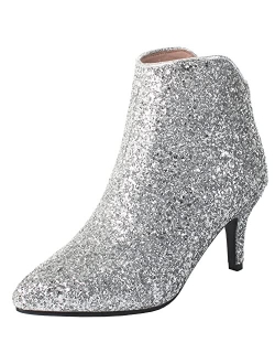 MAVMAX Womens Glitter Sequin Booties Pointy Toe Kitten Heels Ankle Boots