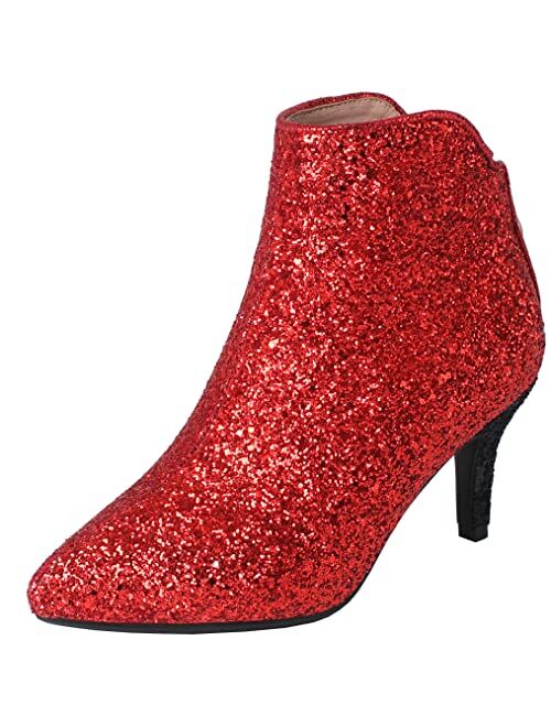 MAVMAX Womens Glitter Sequin Booties Pointy Toe Kitten Heels Ankle Boots