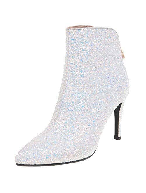 MAVMAX Womens Glitter Sequin Booties Pointy Toe Kitten Heels Ankle Boots