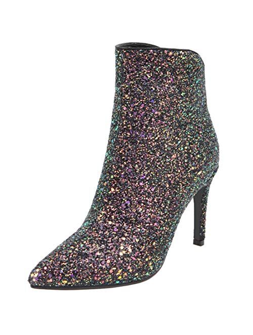 MAVMAX Womens Glitter Sequin Booties Pointy Toe Kitten Heels Ankle Boots