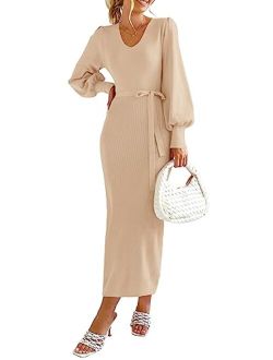 Women's 2023 Fall Knit Pullover Sweater Elegant Long Lantern Sleeve V Neck Maxi Dress