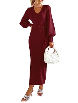 Women's 2023 Fall Knit Pullover Sweater Elegant Long Lantern Sleeve V Neck Maxi Dress