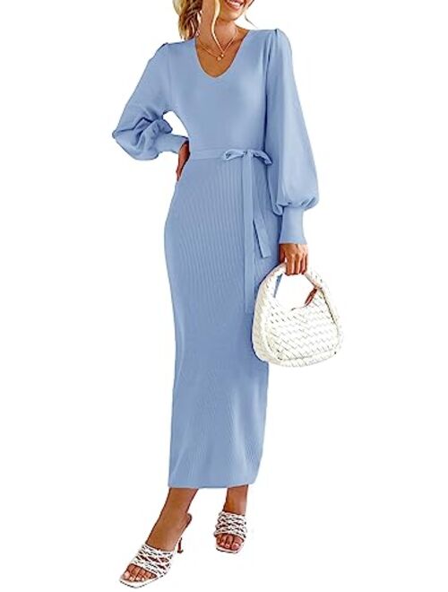 PRETTYGARDEN Women's 2023 Fall Knit Pullover Sweater Elegant Long Lantern Sleeve V Neck Maxi Dress