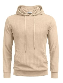 Men's Hooded Sweatshirts Long Sleeve Casual Pullover Hoodie Waffle Knit Sweatshirt with Pocket