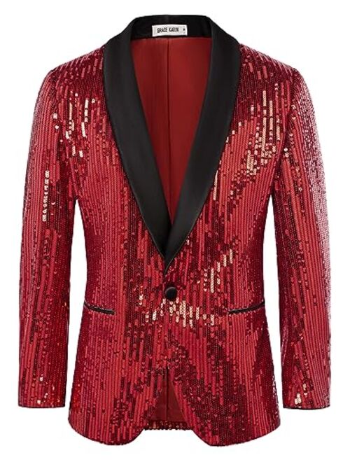 GRACE KARIN Mens Shiny Sequin Blazer One Button Suit Jacket Shawl Lapel Tuxedo Party Dinner Prom