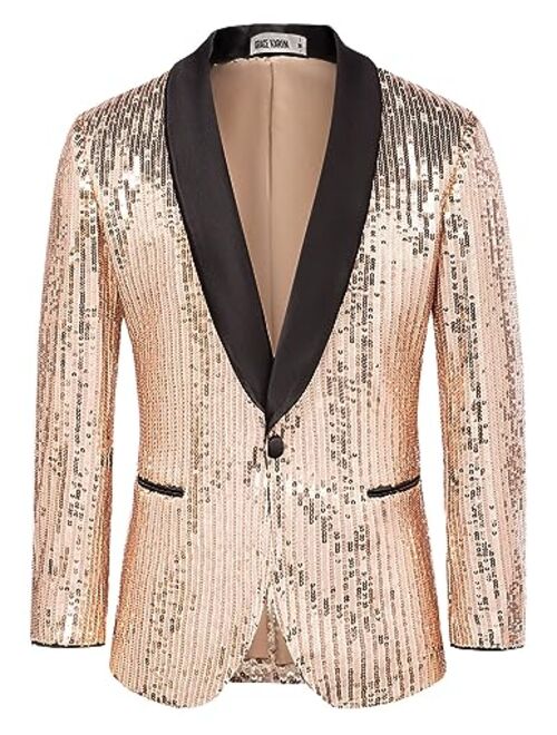 GRACE KARIN Mens Shiny Sequin Blazer One Button Suit Jacket Shawl Lapel Tuxedo Party Dinner Prom