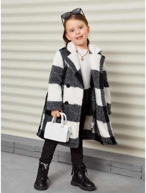 SHEIN Young Girl Buffalo Plaid Pattern Teddy Coat