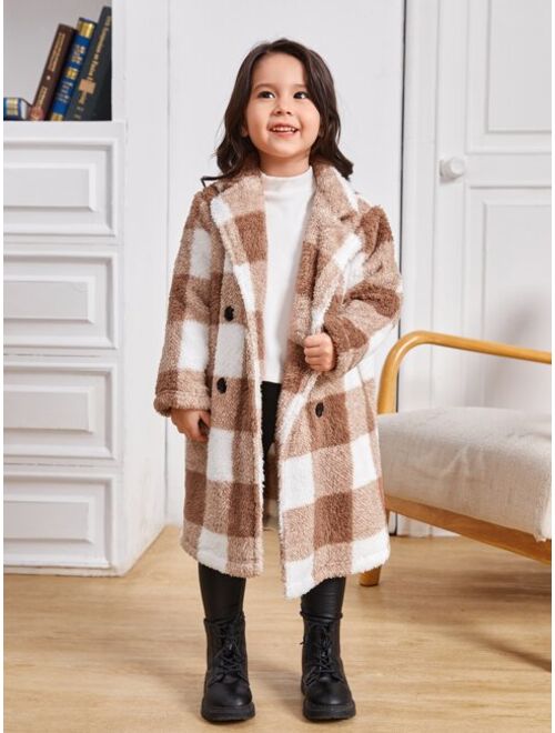 SHEIN Young Girl Buffalo Plaid Pattern Teddy Coat