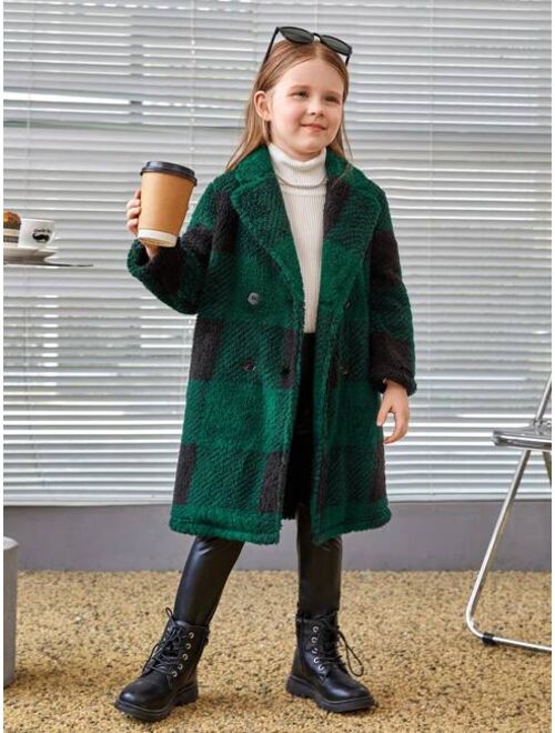 SHEIN Young Girl Buffalo Plaid Pattern Teddy Coat