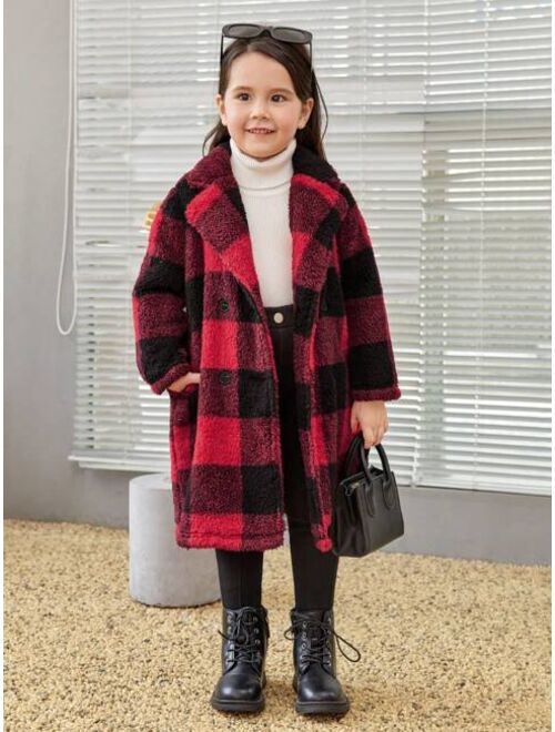 SHEIN Young Girl Buffalo Plaid Pattern Teddy Coat