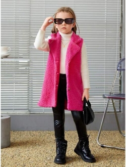 SHEIN Kids FANZEY Young Girl Lapel Neck Teddy Vest Coat