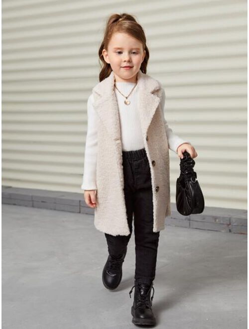 SHEIN Kids FANZEY Young Girl Lapel Neck Teddy Vest Coat