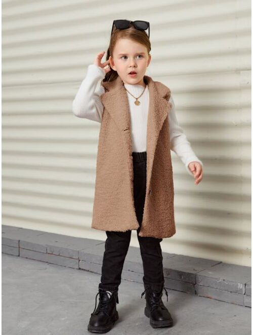 SHEIN Kids FANZEY Young Girl Lapel Neck Teddy Vest Coat