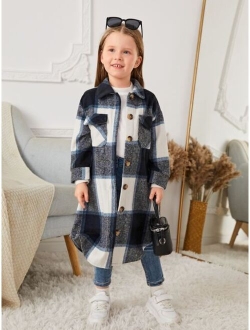 SHEIN Kids EVRYDAY Toddler Girls Plaid Flap Pocket Drop Shoulder Overcoat