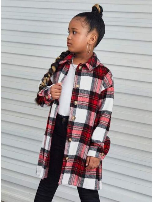 SHEIN Kids Cooltwn Tween Girl 1pc Plaid Print Drop Shoulder Overcoat