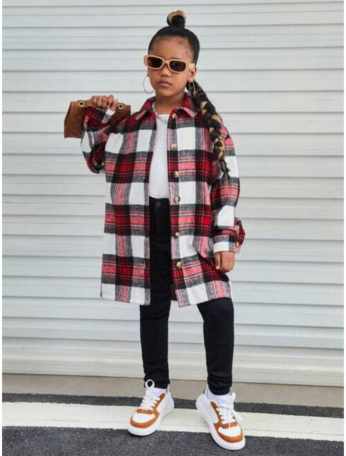 SHEIN Kids Cooltwn Tween Girl 1pc Plaid Print Drop Shoulder Overcoat