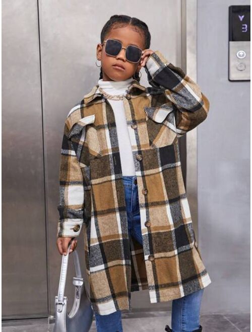 SHEIN Kids Cooltwn Tween Girl Plaid Flap Pocket Drop Shoulder Overcoat