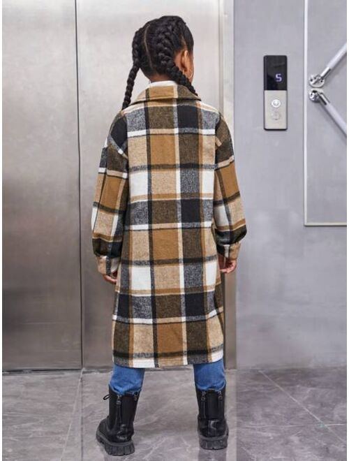 SHEIN Kids Cooltwn Tween Girl Plaid Flap Pocket Drop Shoulder Overcoat