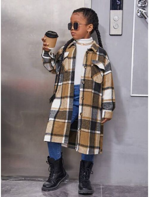 SHEIN Kids Cooltwn Tween Girl Plaid Flap Pocket Drop Shoulder Overcoat